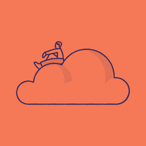 Outline of a person sitting on a cloud against an orange background