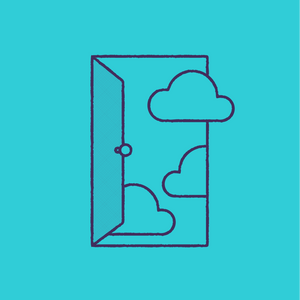 Outline of a door with clouds on a turquoise background